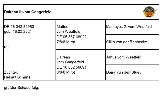 Pedigree Dairean II. vom Gangerfeld